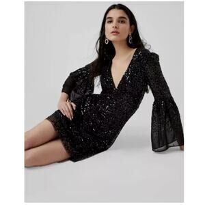 French Connection Cellienne Black Sequin Bell Sleeve Mini Dress Size 8 Witchy